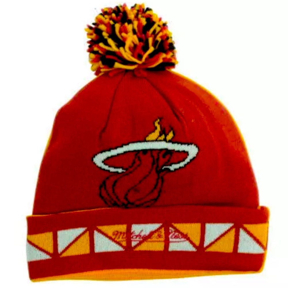 Brand New Mitchell & Ness Miami Heat Knit Beanie Pom Hat Two Faced Red Yellow